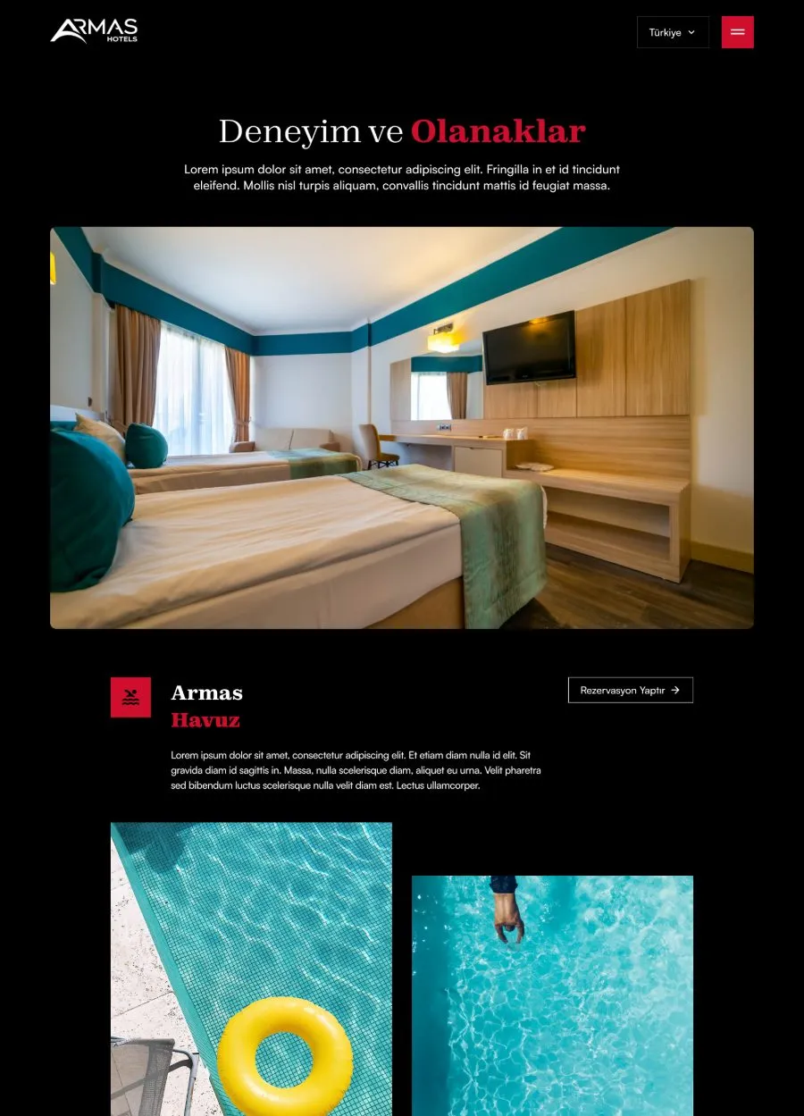 Armas Hotels deneyim ve olanaklar sayfası