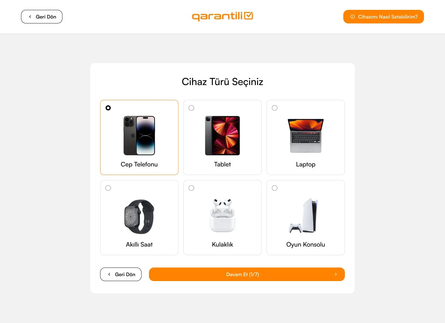Garantili Cihaz Sat — cihaz türü seçimi