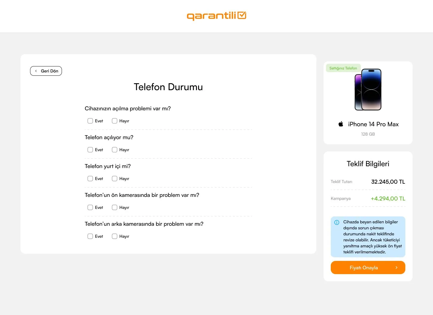 Garantili Cihaz Sat — telefon durumu ve teklif bilgileri