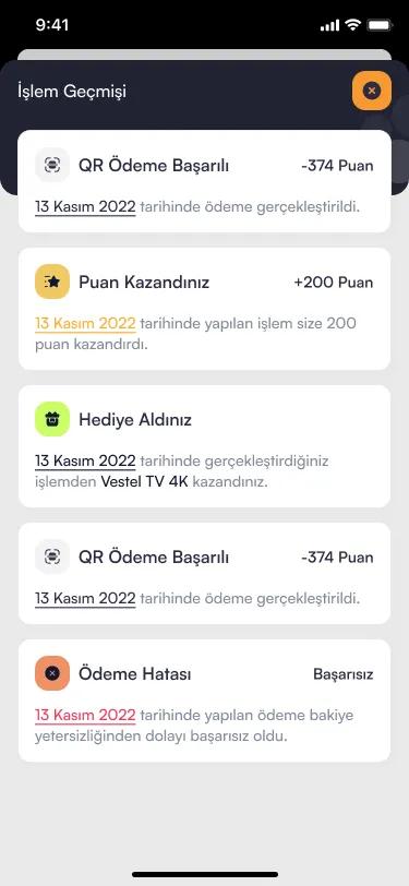 Genç Kart — İşlem geçmişi ekranı