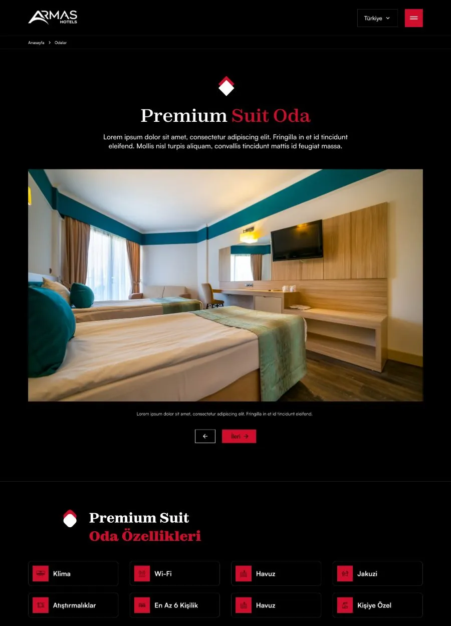 Armas Hotels oda detay sayfası