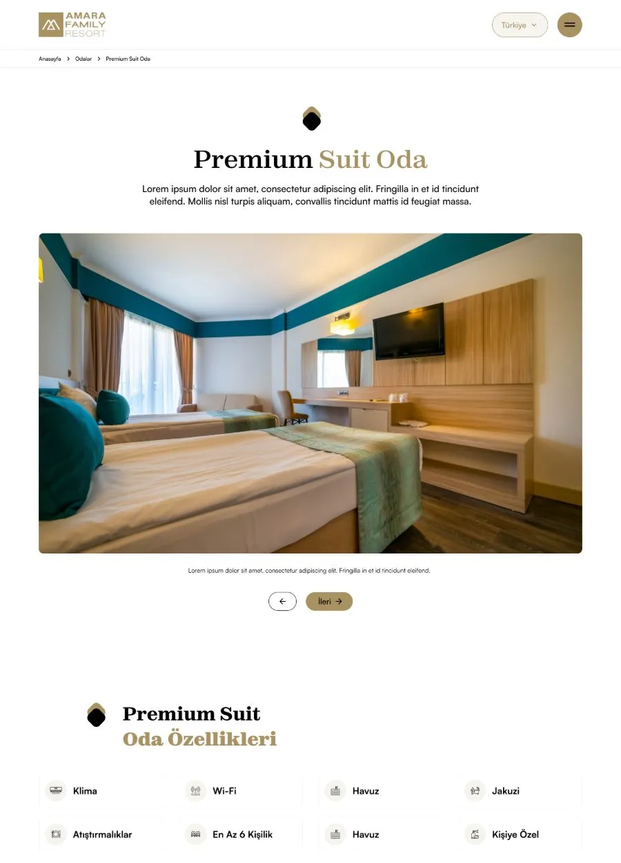 Amara Family Resort oda detay sayfası