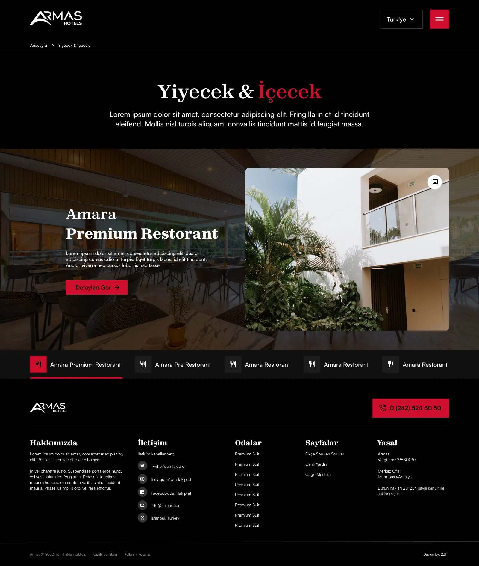 Armas Hotels yiyecek ve içecek sayfası